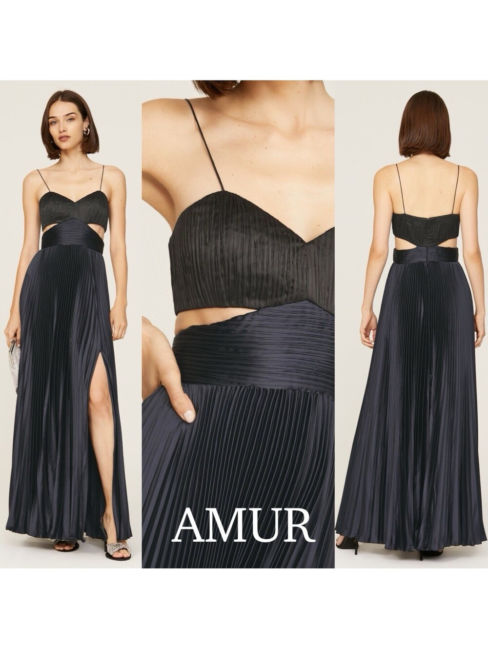 AMUR Elodie Navy and Black Pleated Spaghetti Strap Cutout Gown (Sz: 4/ $698)